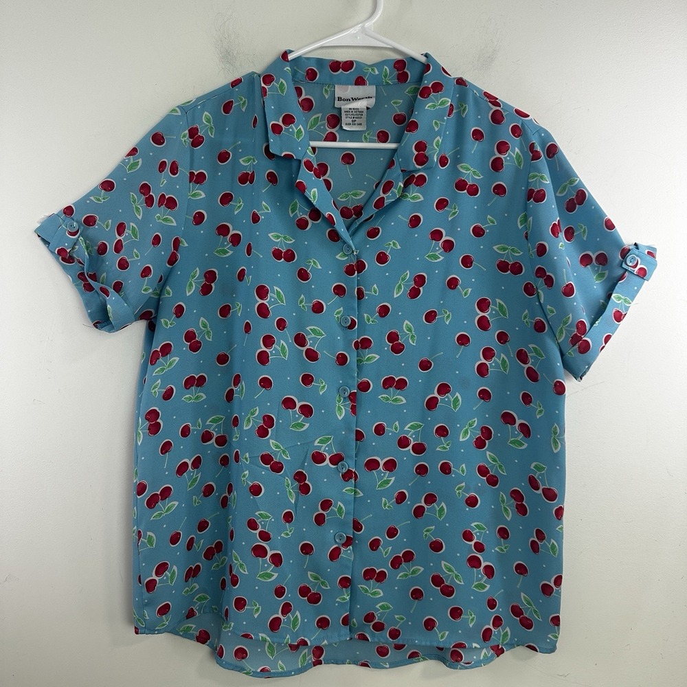 Women's Small Petite Cherry Print Button Up Top Rockabilly Office Teacher Twee